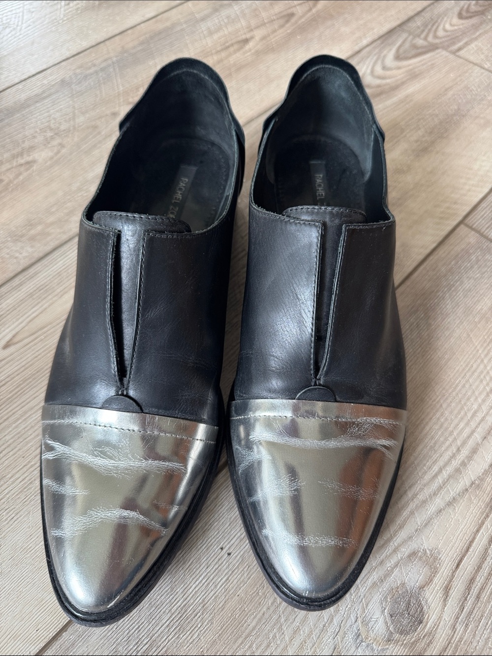 Women’s Slip-On Leather Loafers with Metallic Toe - Black and Silver